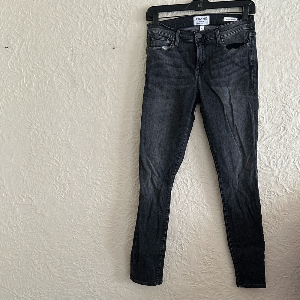 Frame Le Skinny de Jeanne Zipper Trimmed Jeans Gray Black Wash 29